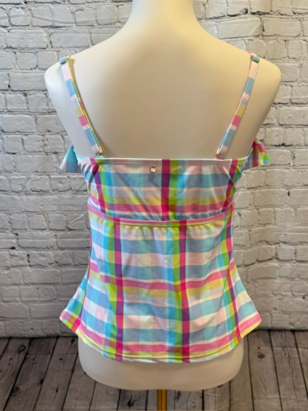 Crown & Ivy Pastel Plaid Ruffle V-Wire Tankini Top Size Large - Picture 4 of 9